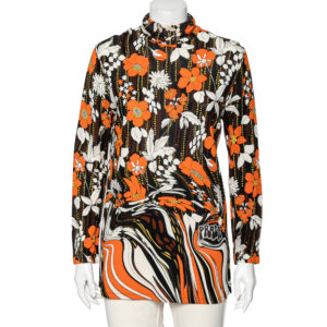 Prada Orange Floral Printed Jersey Long Sleeve Turtleneck Top M