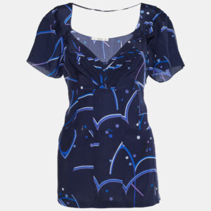 Prada Blue Geometric Print Crepe de Chine Silk Blouse L