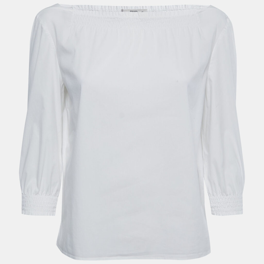 luxury-women-prada-used-clothes-p772354-001 Prada White Cotton Smocked Detail Top S
