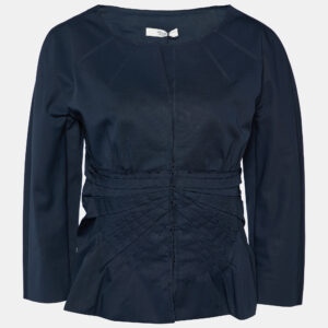 Prada Navy Blue Gabardine Draped Detail Hook Front Jacket L