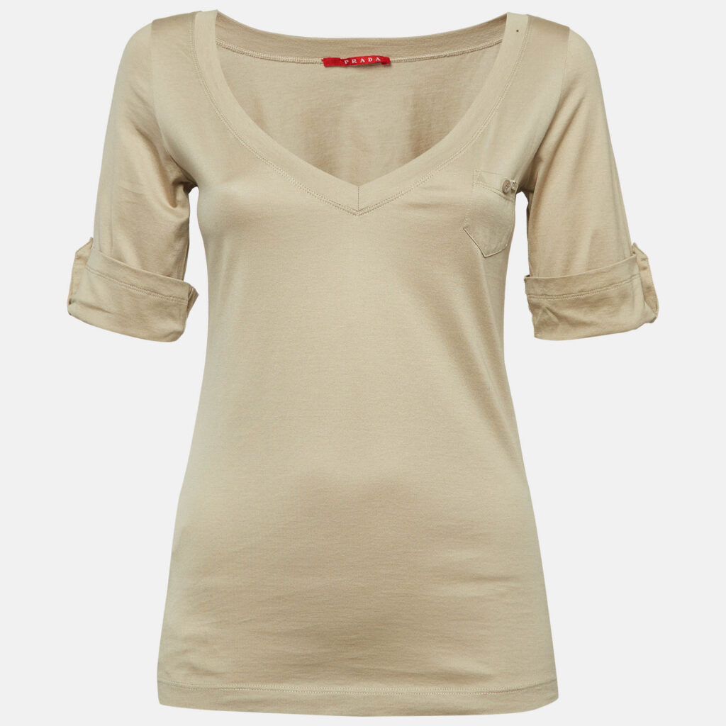 Prada Brown Cotton Knit V-Neck t-Shirt L