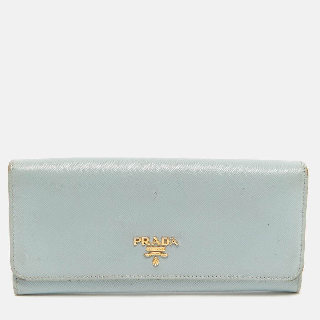 luxury-women-prada-used-handbags-p1069472-013 Prada Sky Blue Saffiano Leather Flap Continental Wallet