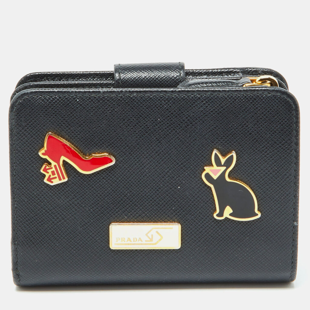 luxury-women-prada-used-handbags-p1075977-012 Prada Black Saffiano Leather Rabbit Charm Embellished Compact Wallet