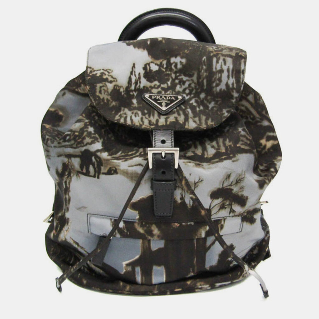 luxury-women-prada-used-handbags-p1081319-018 Prada Gray Khaki Brown Nylon Landscape Painting Backpack