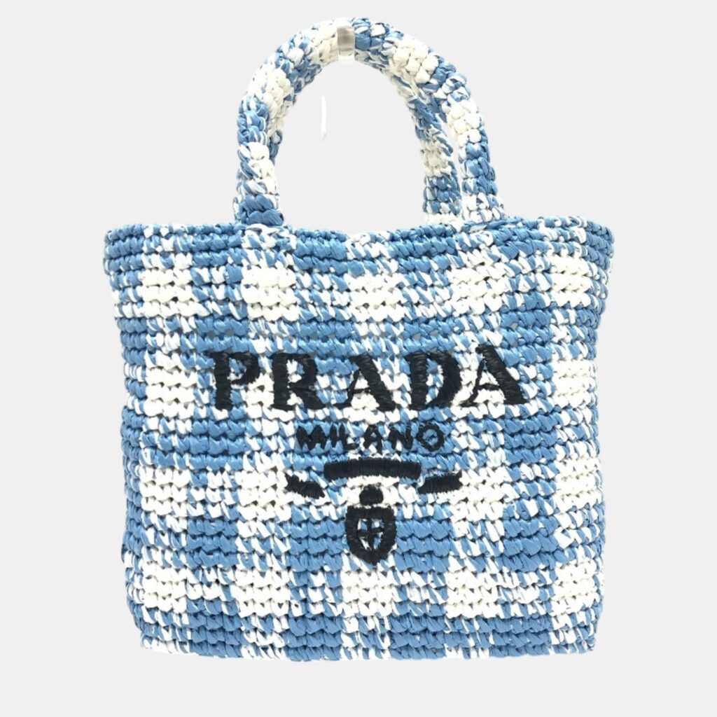 luxury-women-prada-used-handbags-p1088584-001 Prada Raffia Blue Small Crochet Basket Tote Bag