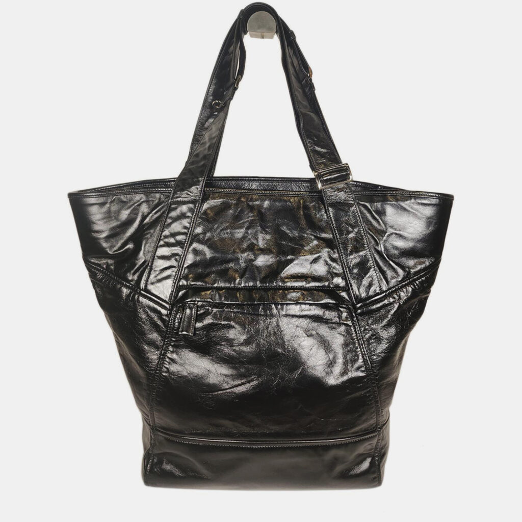 luxury-women-prada-used-handbags-p1090638-003 Prada Black Leather Triangle Logo Tote Bag