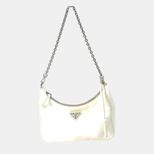 Prada Triangle Logo Triangle Logo Plate Chain With Crossbody Pouch Shoulder Bag White Beige
