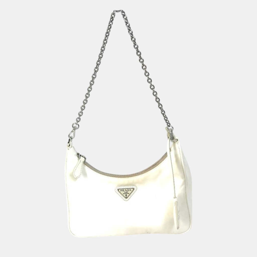 luxury-women-prada-used-handbags-p1091981-001 Prada Triangle Logo Triangle Logo Plate Chain With Crossbody Pouch Shoulder Bag White Beige