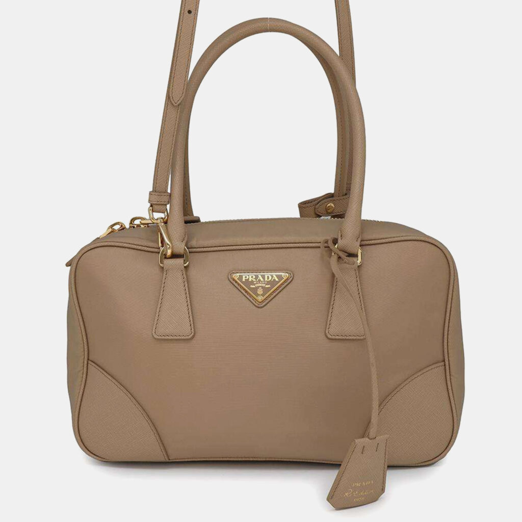 luxury-women-prada-used-handbags-p1111254-001 Prada Beige Saffiano Leather Re-Edition 1978 Medium Double Handle Bag