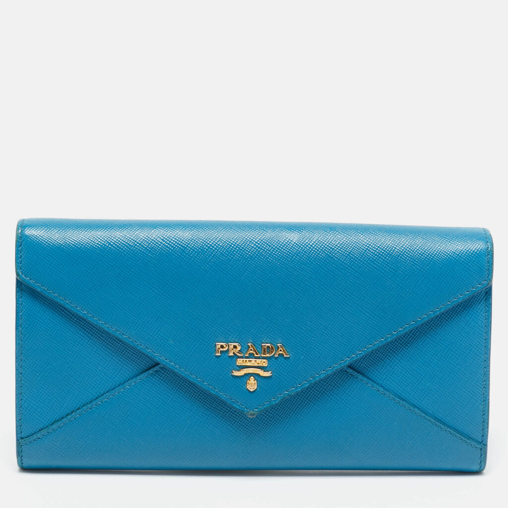 luxury-women-prada-used-handbags-p1125386-013 Prada Blue Saffiano Metal Leather Letter Continental Wallet