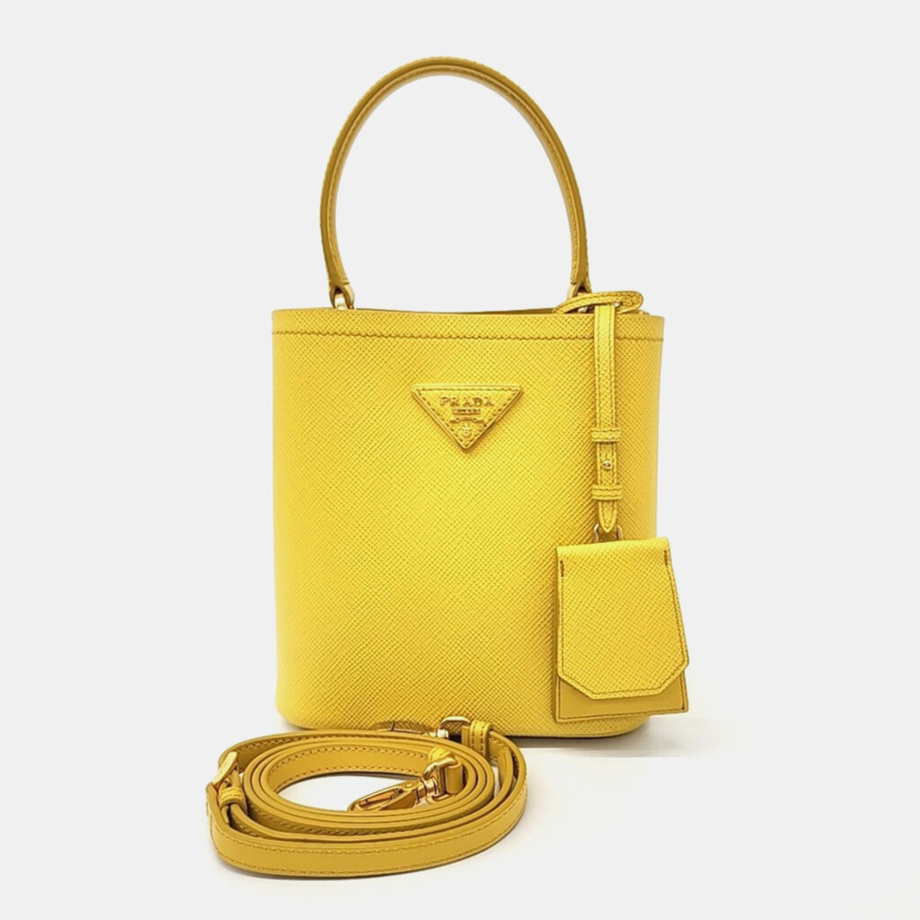 luxury-women-prada-used-handbags-p1133346-006 Prada Yellow Leather Saffiano Pannier Tote and Shoulder Bag