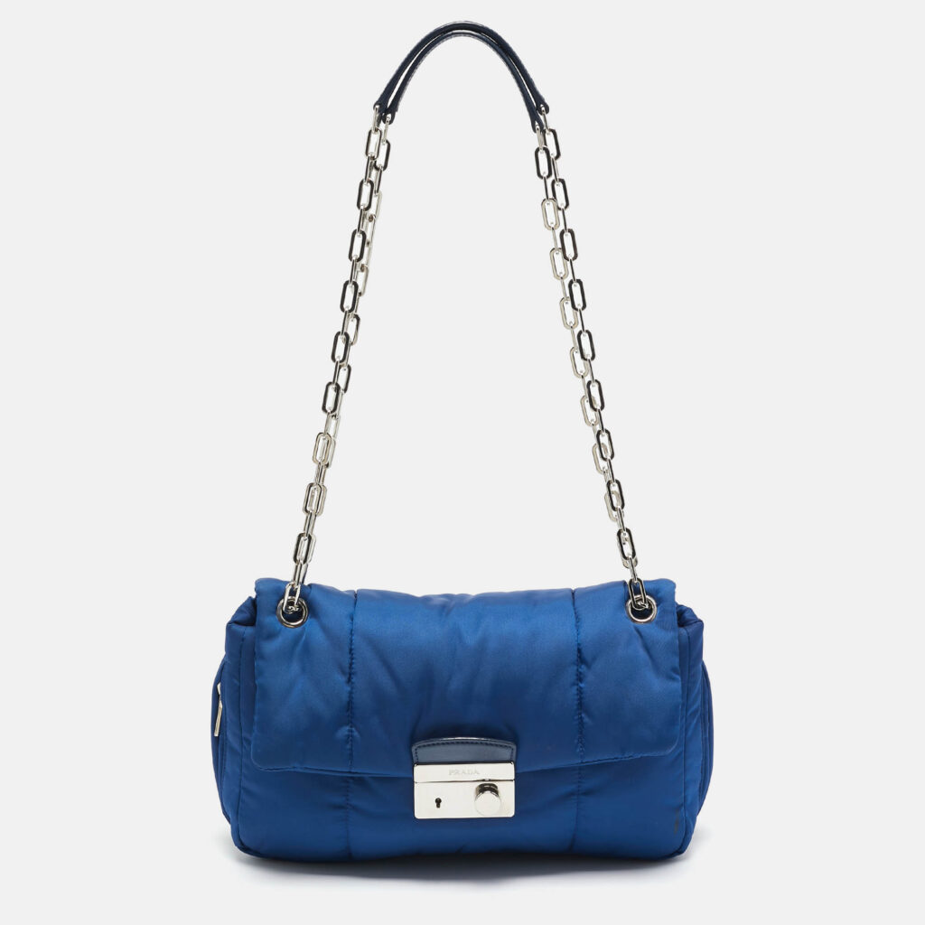 luxury-women-prada-used-handbags-p1135031-011 Prada Blue Nylon Bomber Chain Shoulder Bag