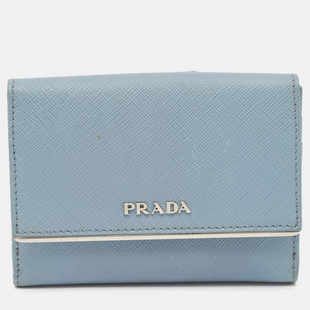 luxury-women-prada-used-handbags-p1139361-012 Prada Light Blue Leather Metal Bar French Wallet
