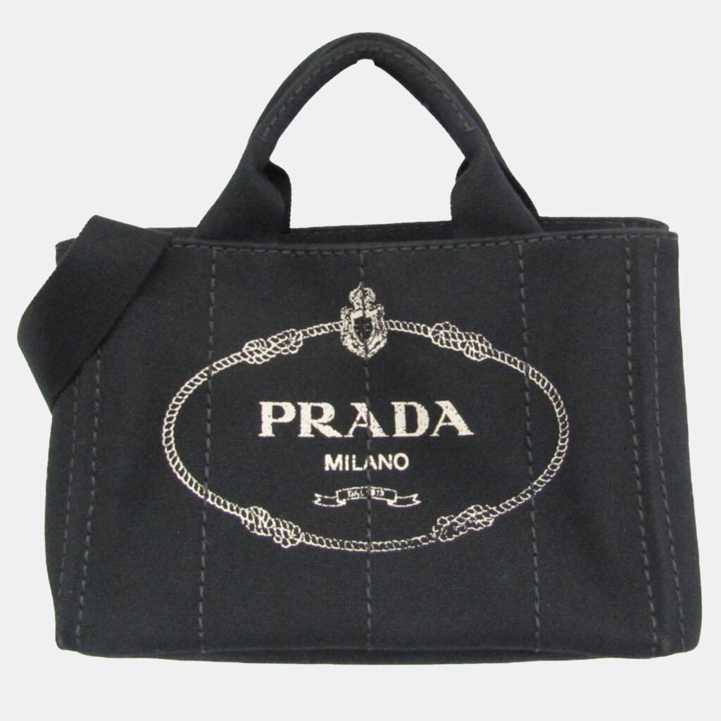 luxury-women-prada-used-handbags-p1139651-002 Prada Black Canapa Canvas Top Handle Shoulder Bag