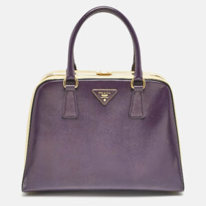 prada purple/cream saffiano vernic leather pyramid frame satchel