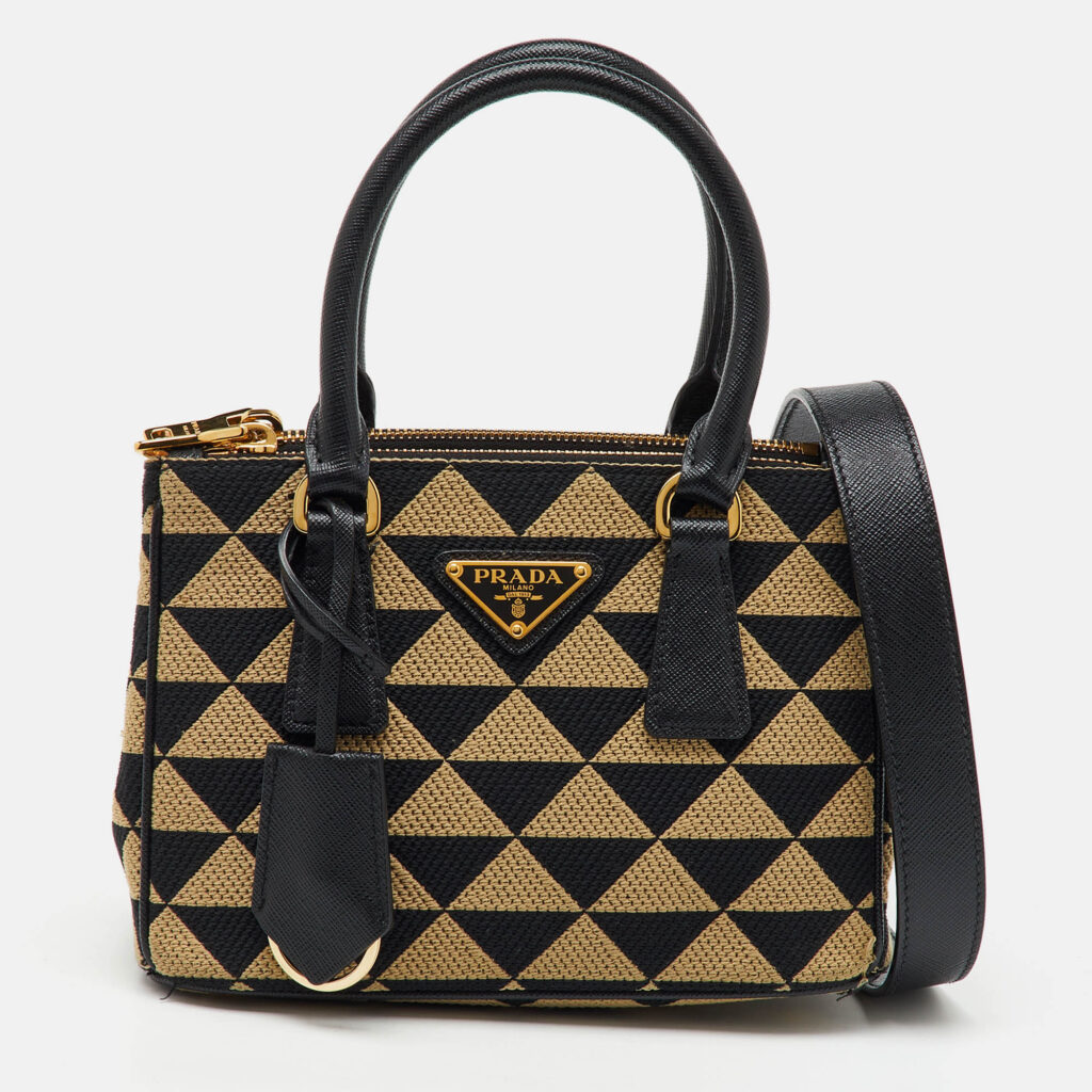luxury-women-prada-used-handbags-p1142753-016 Prada Beige/Black Jacquard Triangolo and Saffiano Leather Mini Galleria Double Zip Tote