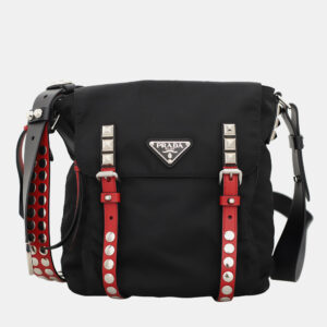 Prada Black & Red Leather and Nylon New Vela Studded Messenger Bag