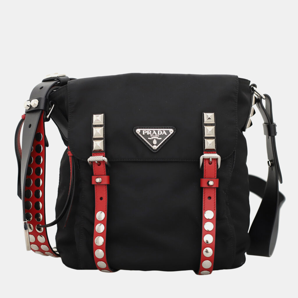 luxury-women-prada-used-handbags-p1147326-002 Prada Black & Red Leather and Nylon New Vela Studded Messenger Bag