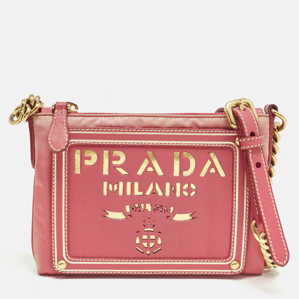 Prada Pink Nylon and Saffiano Leather Flat Zip Crossbody Bag