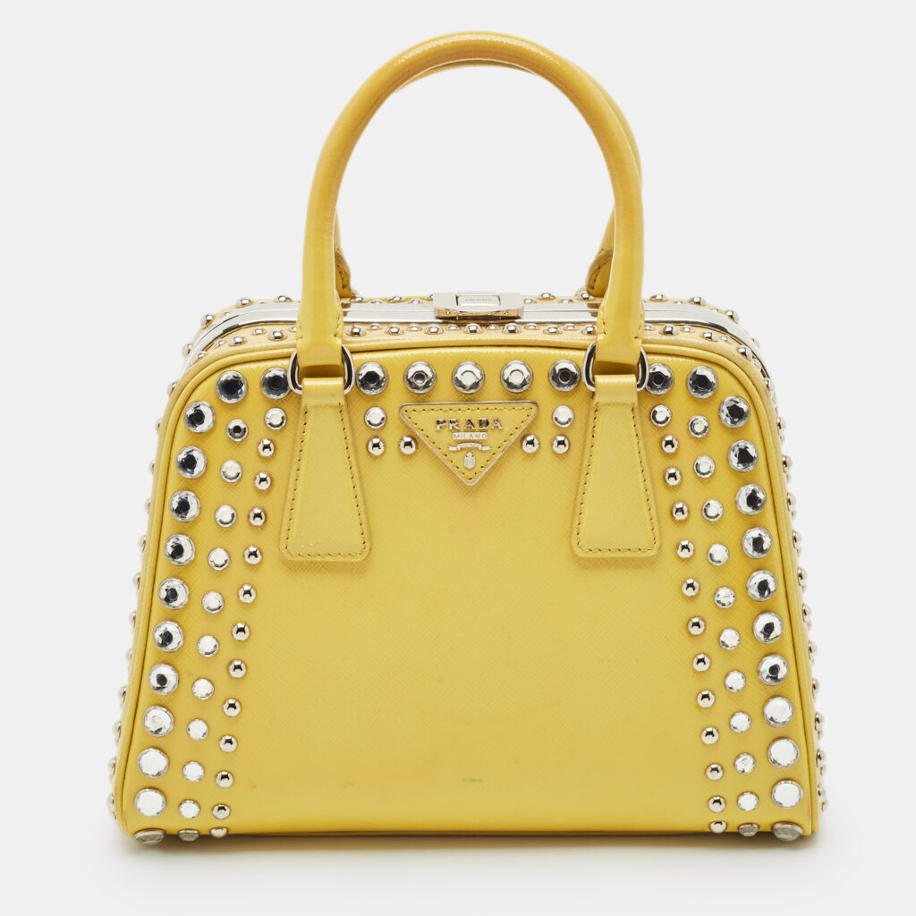 luxury-women-prada-used-handbags-p1152239-001 Prada Yellow/Cream Saffiano Patent Leather Small Studded Pyramid Frame Bag