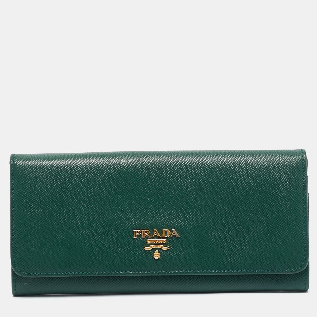 luxury-women-prada-used-handbags-p1152544-001 Prada Green Leather Logo Flap Continental Wallet