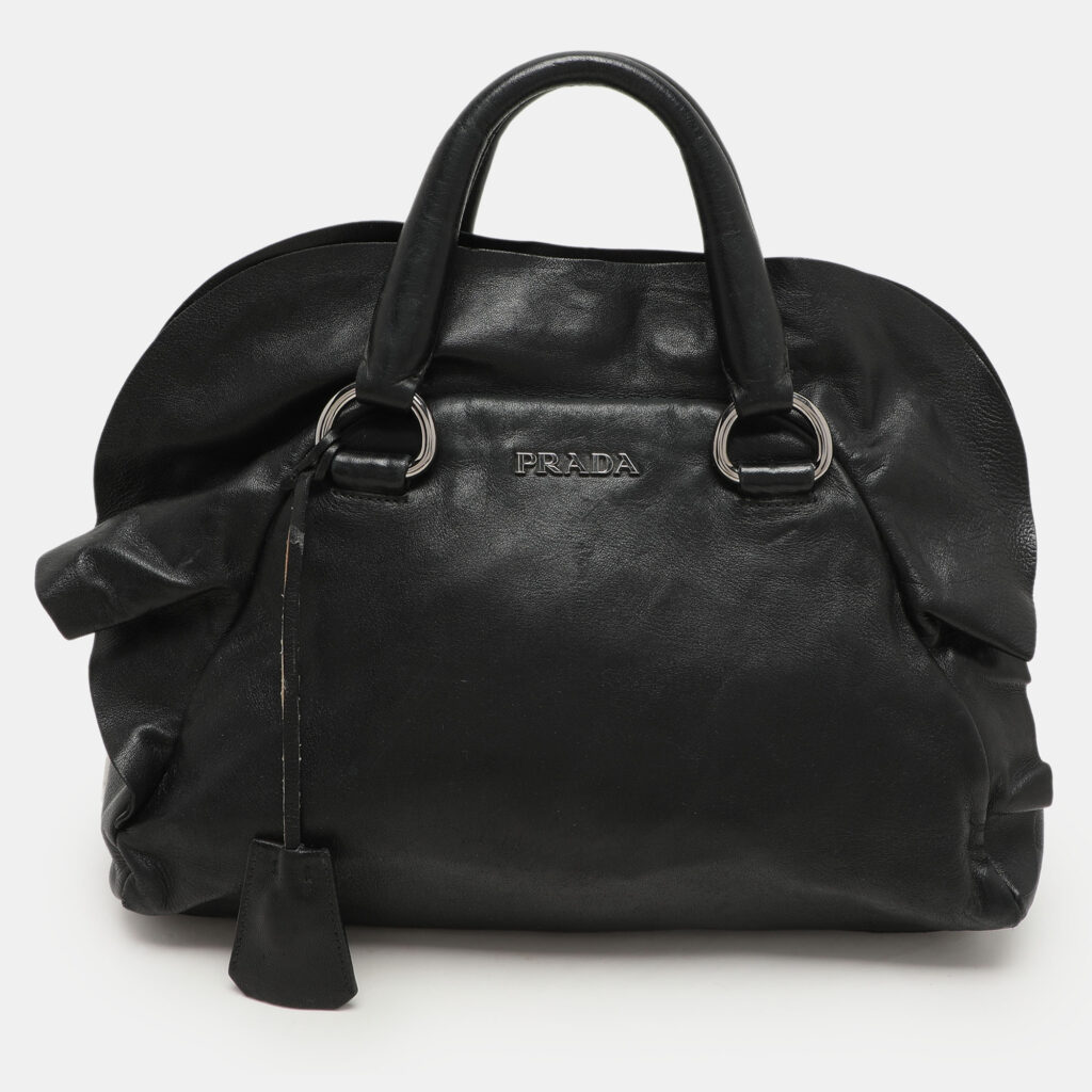 luxury-women-prada-used-handbags-p1156545-018 Prada Black Leather Ruffle Bauletto Satchel