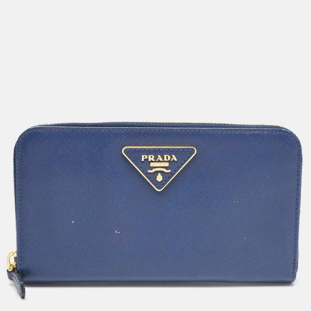 luxury-women-prada-used-handbags-p1156884-002 Prada Blue Saffiano Lux Leather Triangle Zip Around Wallet