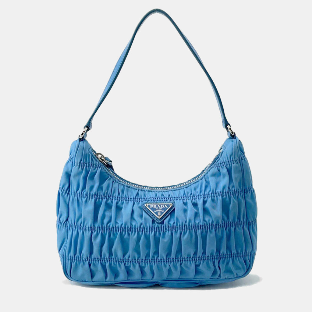 luxury-women-prada-used-handbags-p1157687-001 Prada Light Blue Nylon Gathered One Shoulder Bag