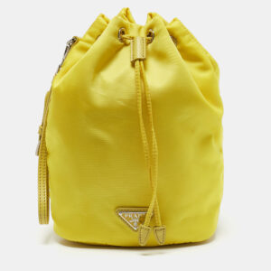 Prada Yellow Leather and Nylon Drawstring Bucket Bag