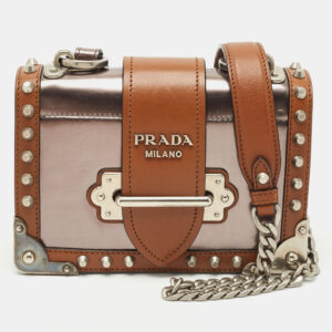 Prada Grey/Brown Vitello Metal and City Leather Cahier Shoulder Bag
