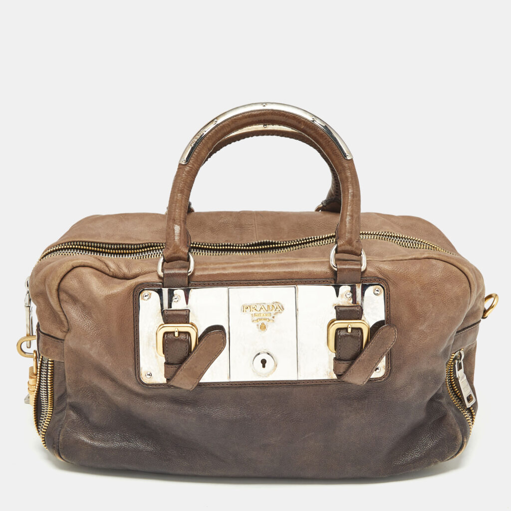 luxury-women-prada-used-handbags-p1163434-012 Prada Brown Ombre Leather Glace Zippers Bauletto Bag