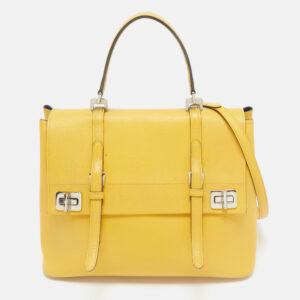 prada yellow saffiano cuir leather double turn lock top handle bag
