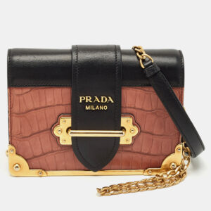Prada Black/Beige Crocodile and Leather Cahier Flap Shoulder Bag