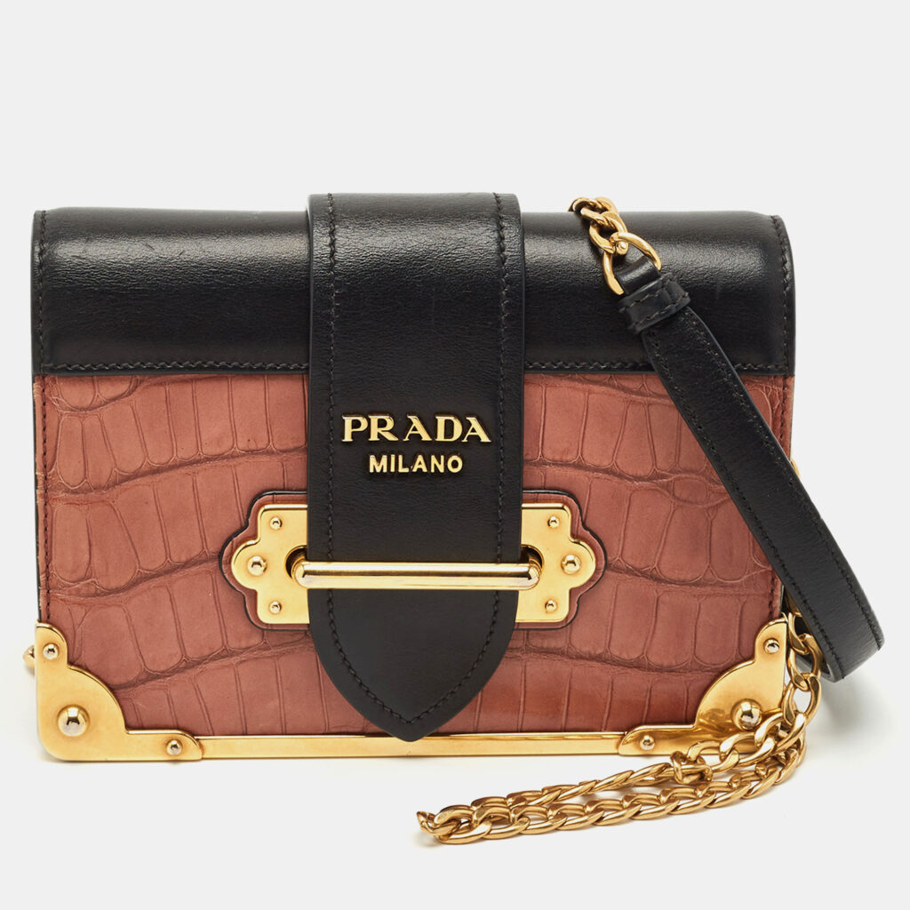luxury-women-prada-used-handbags-p1166882-010 Prada Black/Beige Crocodile and Leather Cahier Flap Shoulder Bag