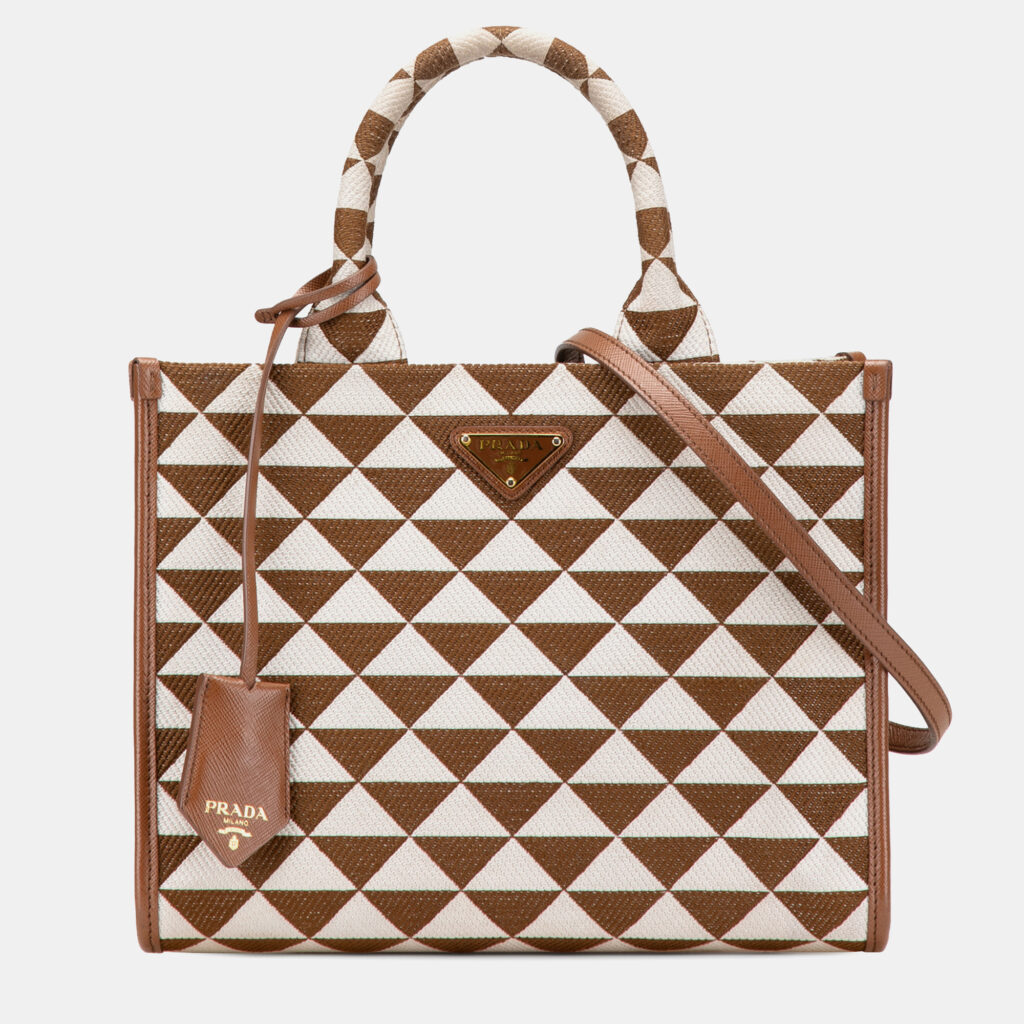 luxury-women-prada-used-handbags-p1169481-004 Prada Brown Small Canvas Symbole Triangolo Satchel