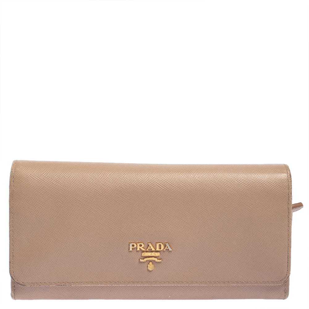 luxury-women-prada-used-handbags-p426305-004 Prada Beige Saffiano Lux Leather Flap Continental Wallet