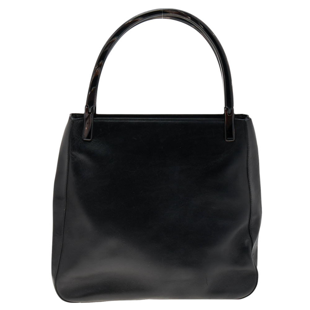 luxury-women-prada-used-handbags-p565531-008-1 Prada Black Leather Acrylic Handle Tote