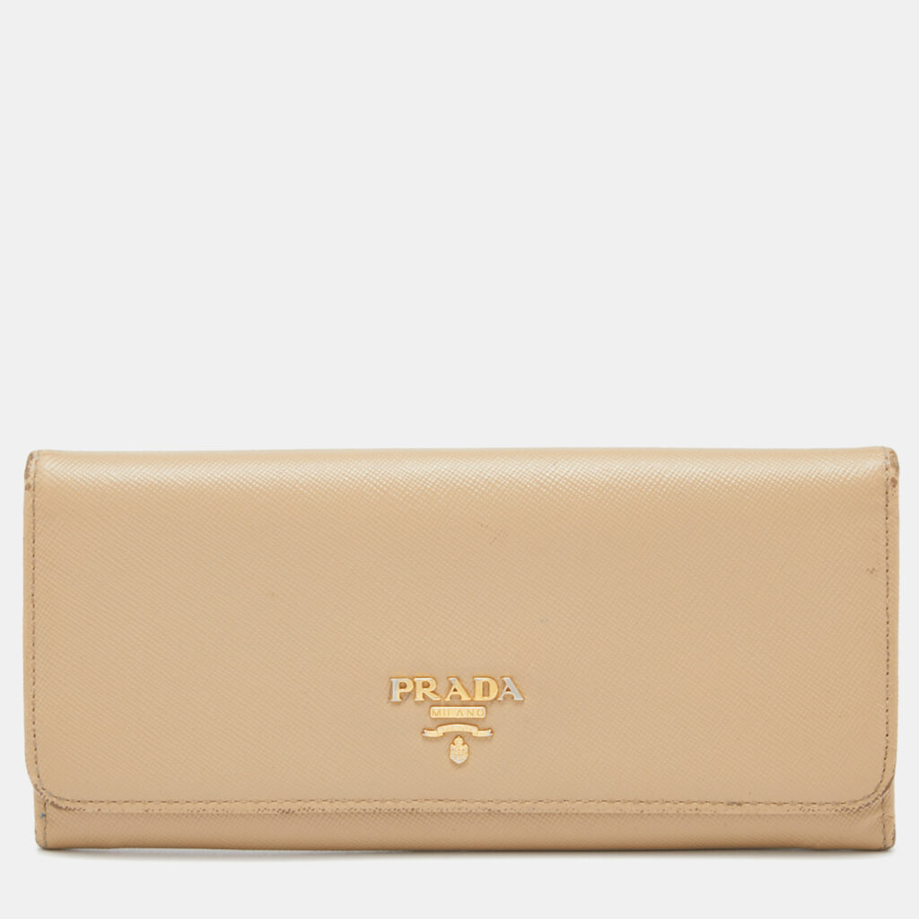 luxury-women-prada-used-handbags-p796335-001 Prada Beige Saffiano Leather Flap Continental Wallet