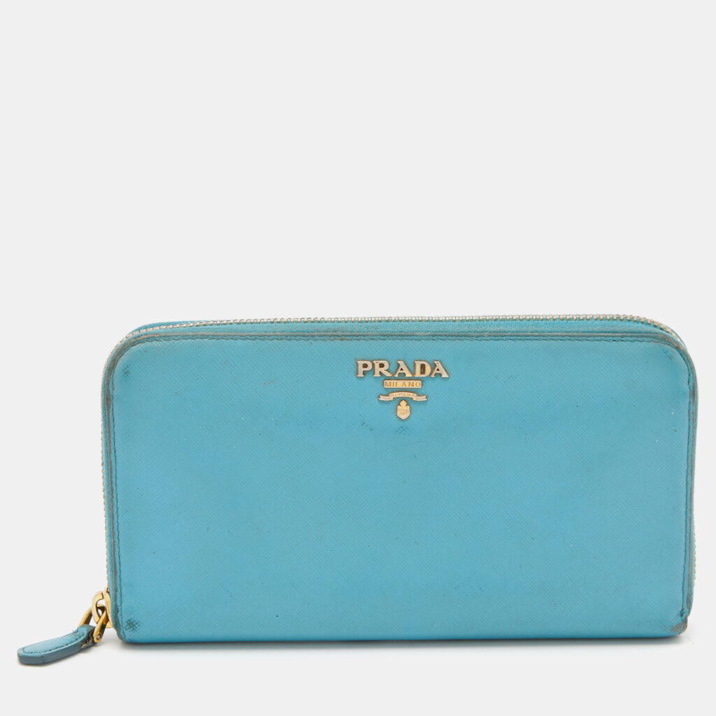 luxury-women-prada-used-handbags-p816333-005 Prada Blue Saffiano Lux Leather Zip Around Wallet