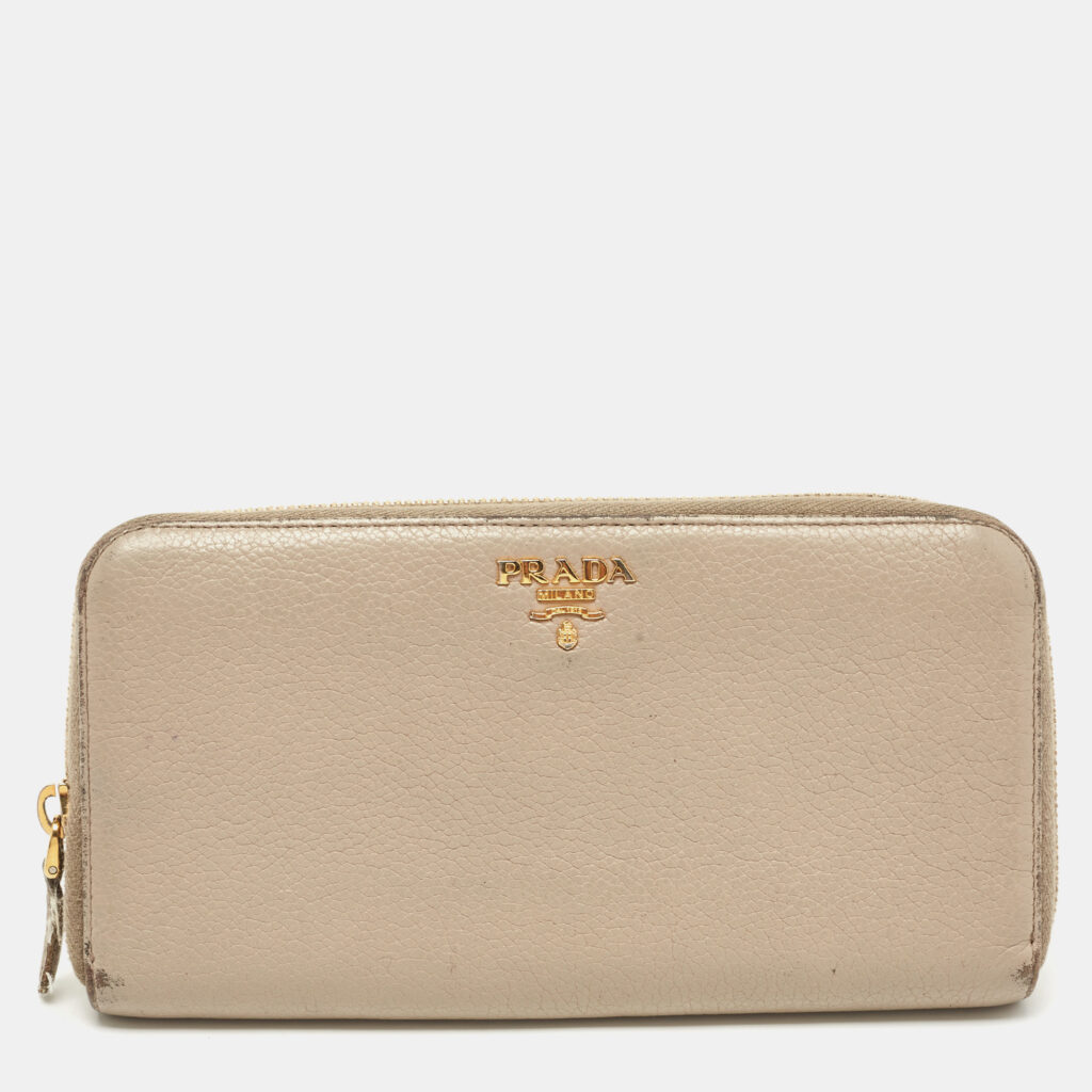 luxury-women-prada-used-handbags-p827632-008 Prada Grey Leather Logo Zip Around Continental Wallet