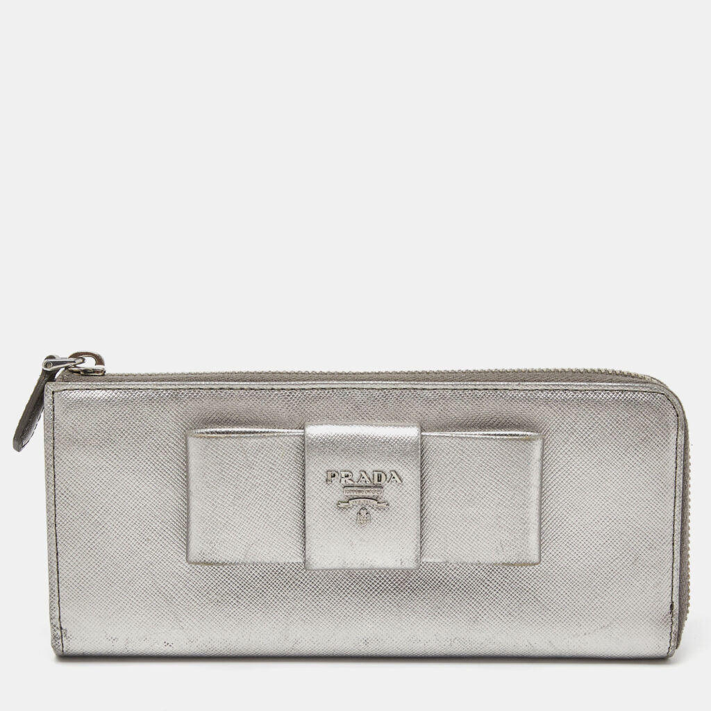 luxury-women-prada-used-handbags-p859212-001 Prada Silver Saffiano Lux Leather Zip Around Wallet