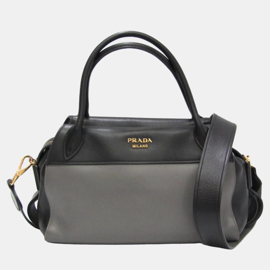 luxury-women-prada-used-handbags-p938504-001 Prada Black/Gray Calf Leather City Bowling Ribbon Bag