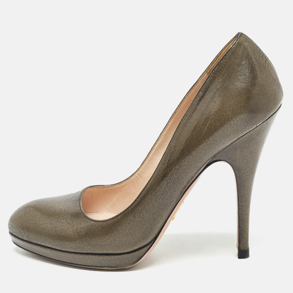 Prada Olive Green Crackled Patent Platform Leather Pumps Size 38.5