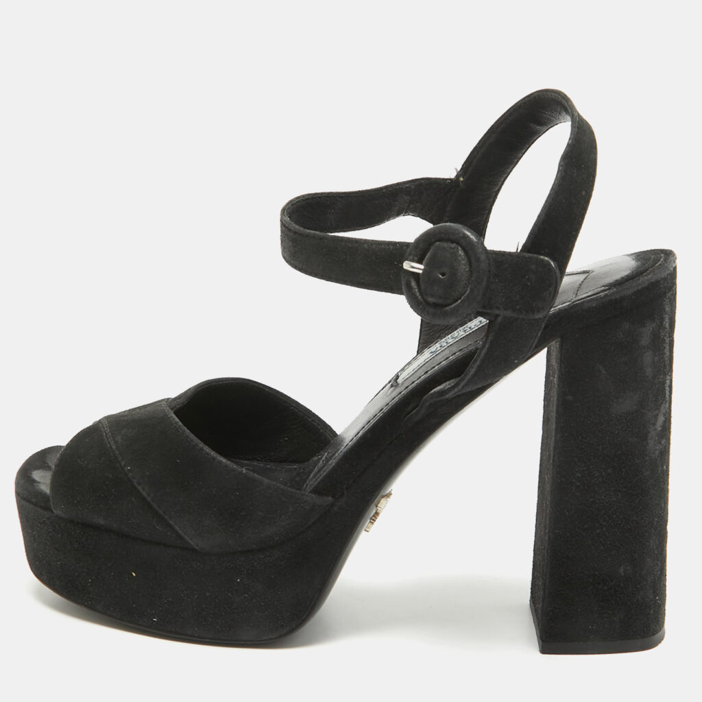 luxury-women-prada-used-shoes-p1027665-003 Prada Black Suede Platform Ankle Strap Sandals Size 35.5