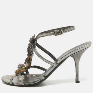 Prada Grey Leather Crystal Embellished Ankle Strap Sandals Size 37.5