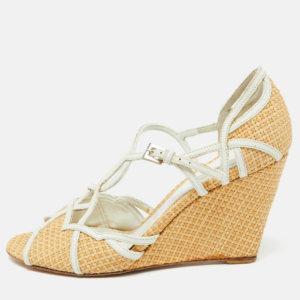 luxury-women-prada-used-shoes-p1036026-002 Prada Beige/White Raffia and Leather Wedge Sandals Size 36