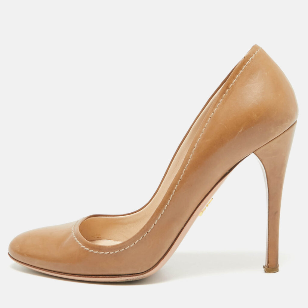luxury-women-prada-used-shoes-p1071426-011 Prada Brown Leather Round Toe Pumps Size 37