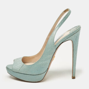 Prada Light Blue Embossed Python Platform Slingback Sandals Size 37