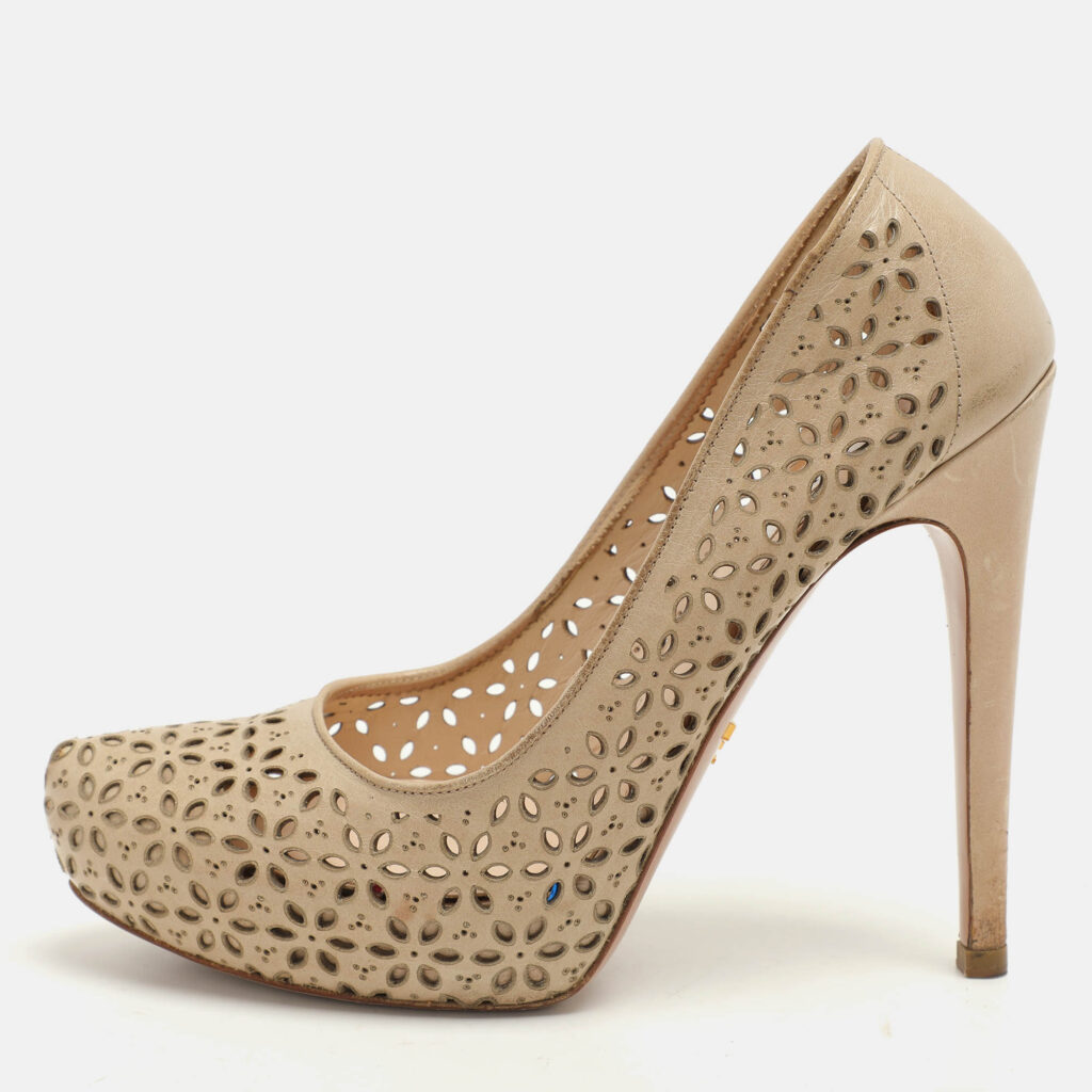 luxury-women-prada-used-shoes-p1074122-010 Prada Beige Lasercut Leather Platform Pumps Size 37.5