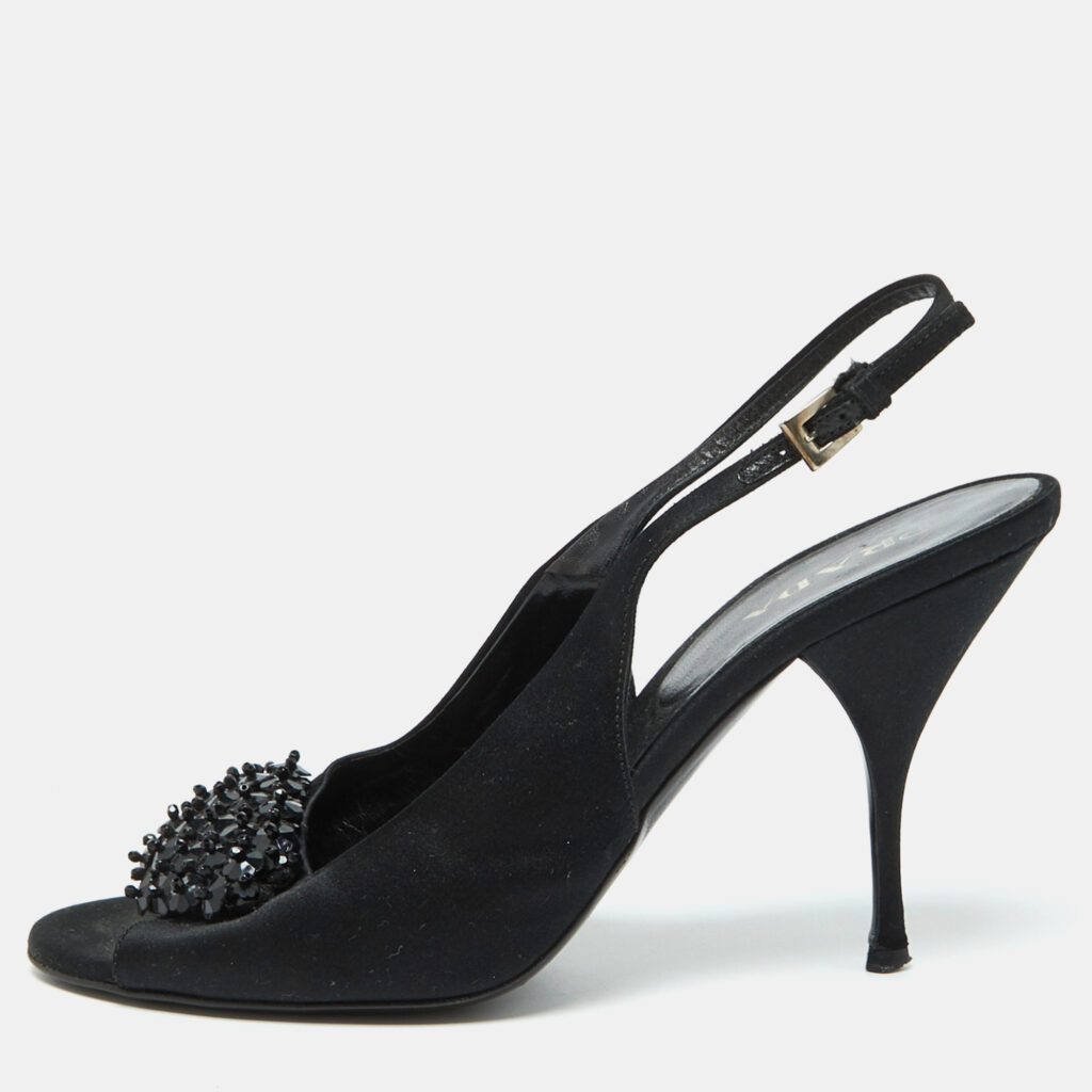 luxury-women-prada-used-shoes-p1080476-001 Prada Black Satin Beaded Accents Slingback Pumps Size 39.5